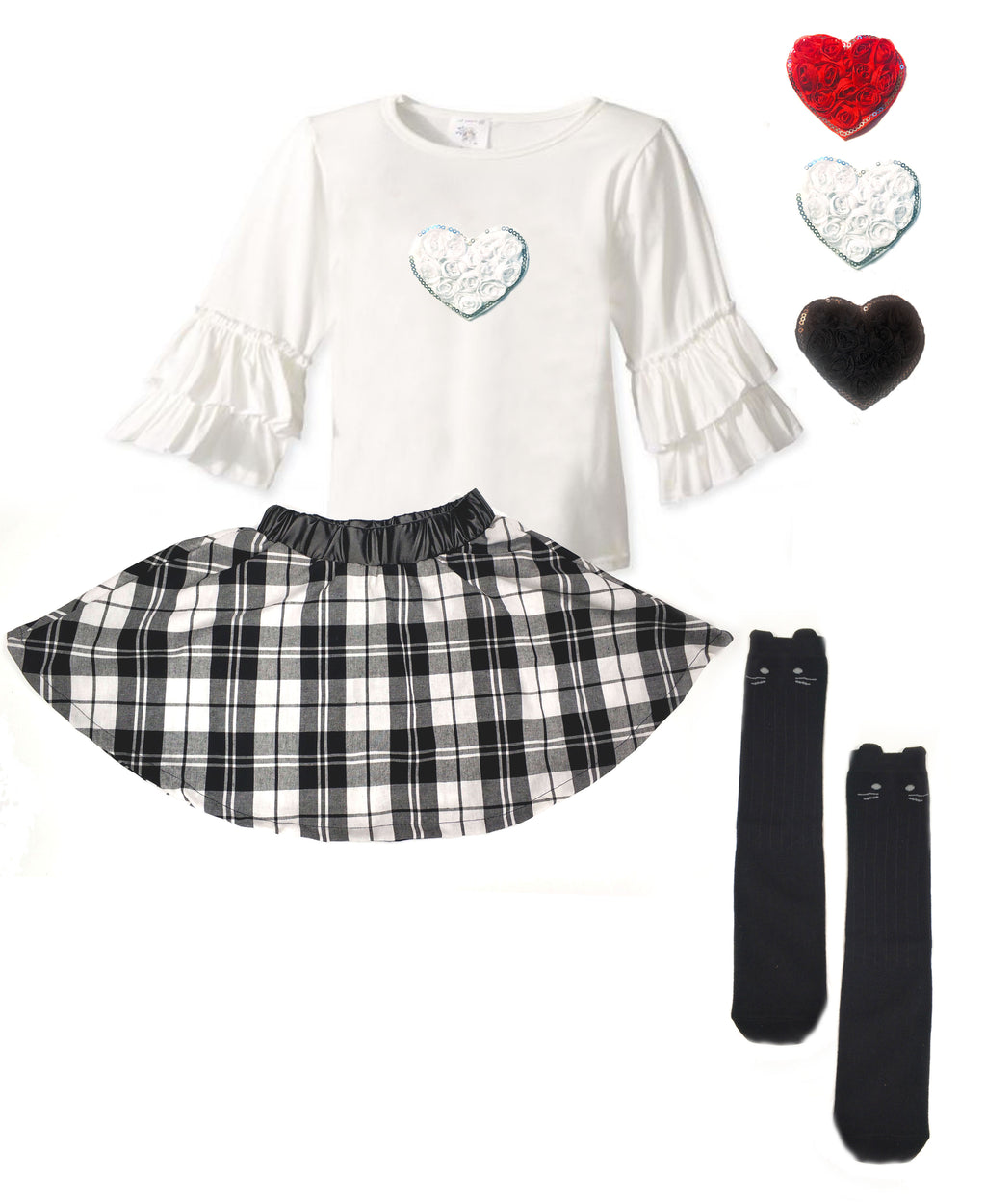 Mi Amore Gigi Interchangeable Heart Ruffle Top & Plaid Skirt with Sock Set