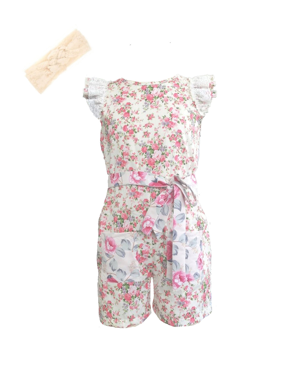 Mi Amore Gigi Floral Lace Romper & Headband Accessory